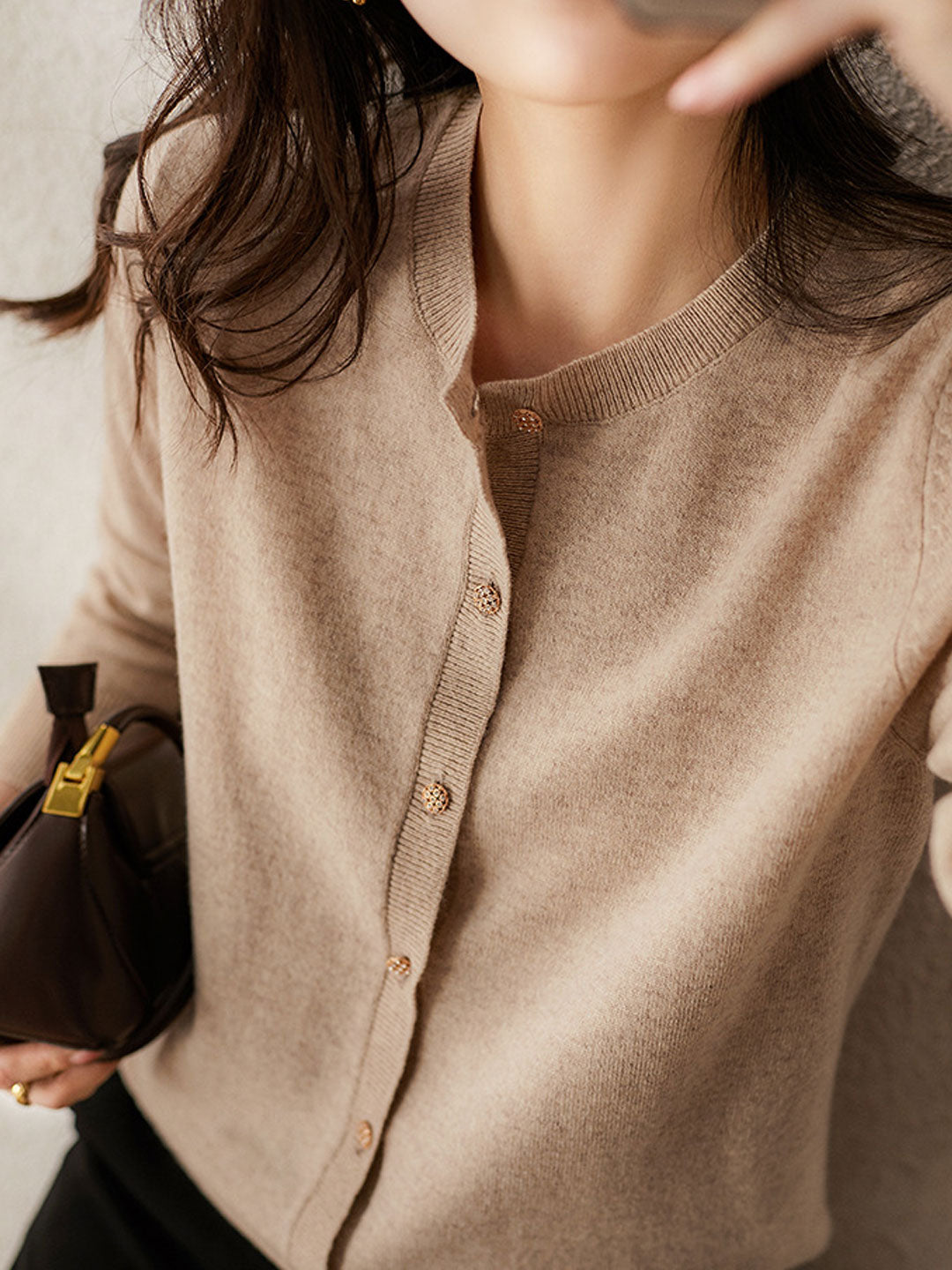 Sophia Classic Crew Neck Solid Color Knitted Cardigan-Light Pink