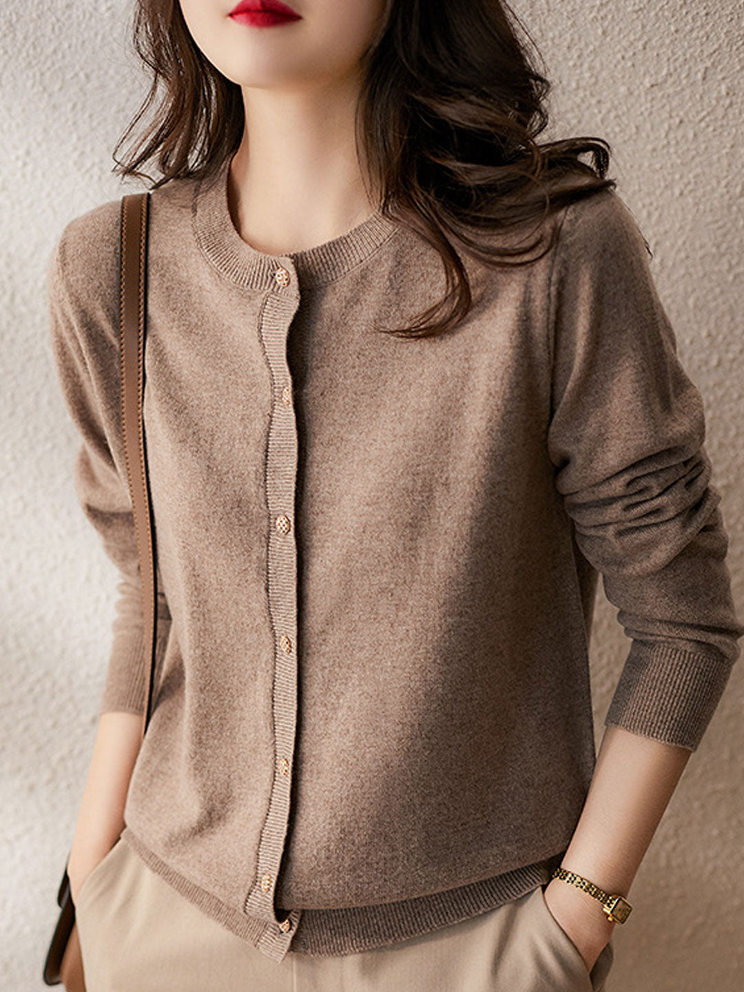 Sophia Classic Crew Neck Solid Color Knitted Cardigan-Light Pink