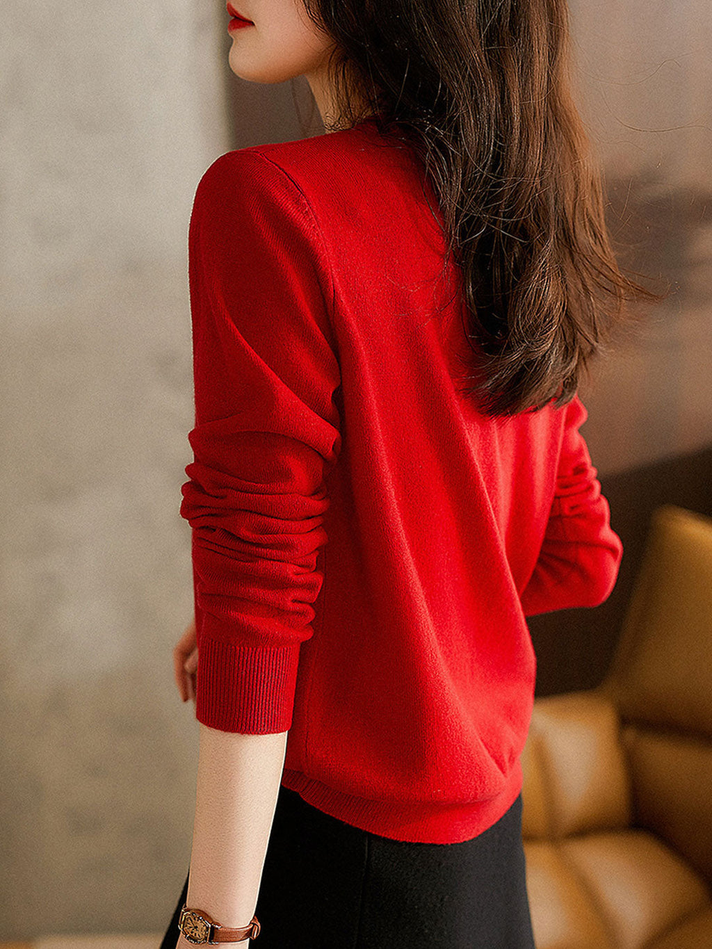 Sophia Classic Crew Neck Solid Color Knitted Cardigan-Light Pink