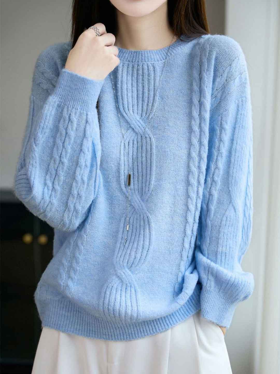 Ariana Casual Crew Neck Cable Knitted Pullover Sweater-White