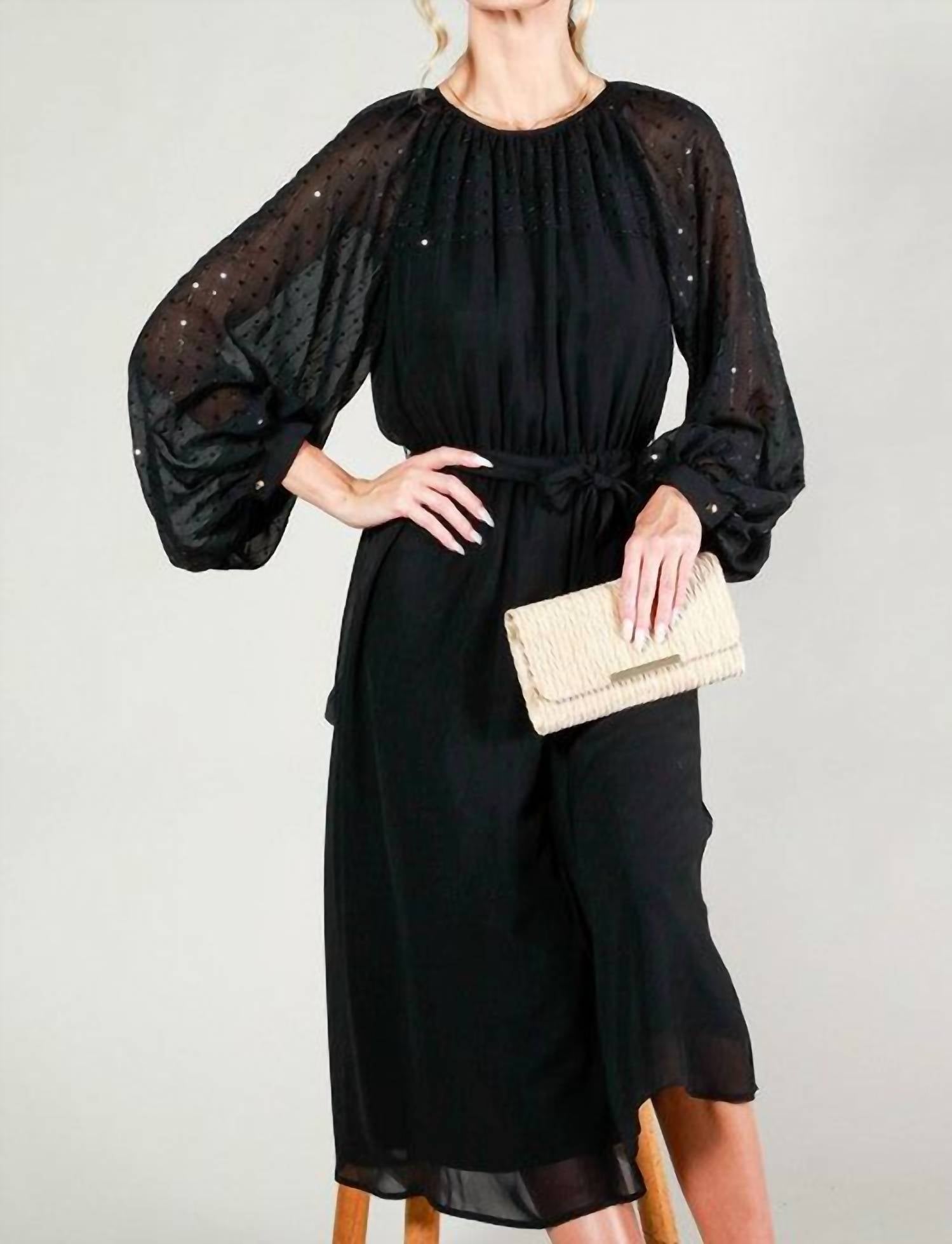 Vine & Love - Sequin Sleeve Tie Waist Dress