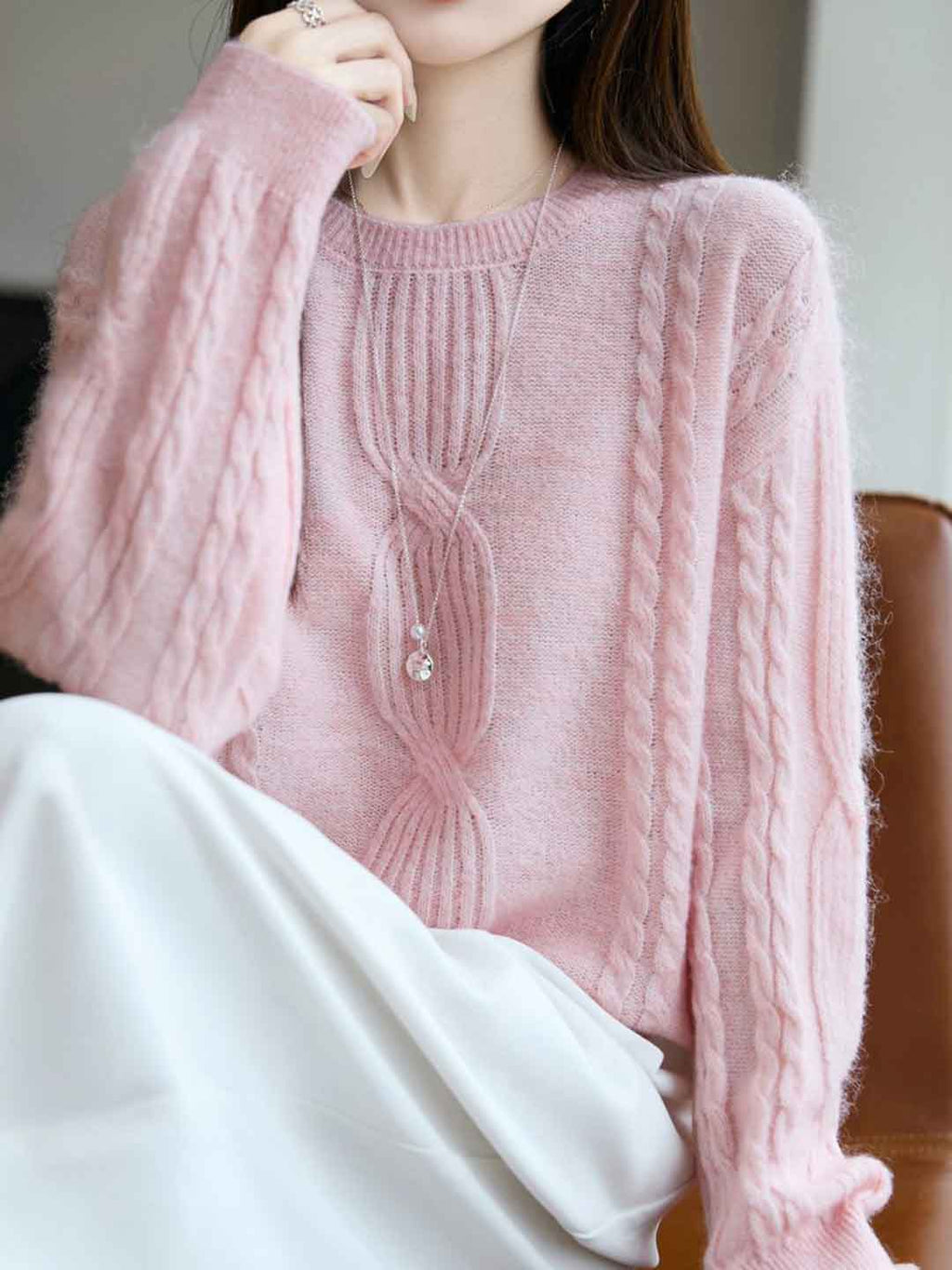 Ariana Casual Crew Neck Cable Knitted Pullover Sweater-White