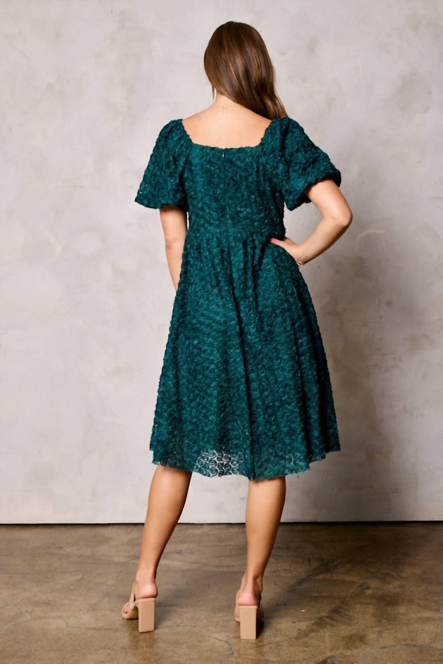 Tea N Rose - Flower Texture Puff Sleeve Dress