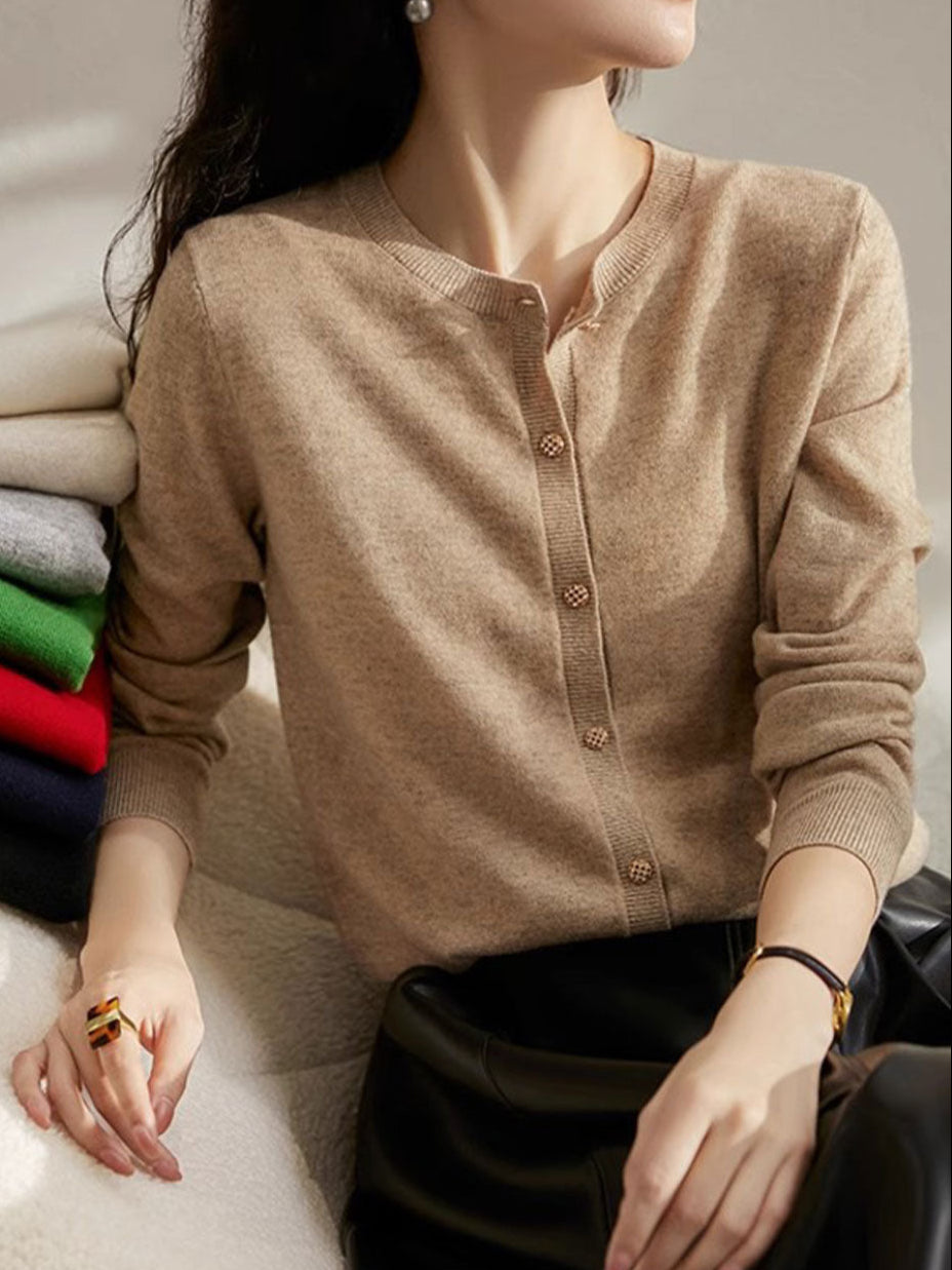 Sophia Classic Crew Neck Solid Color Knitted Cardigan-Light Pink