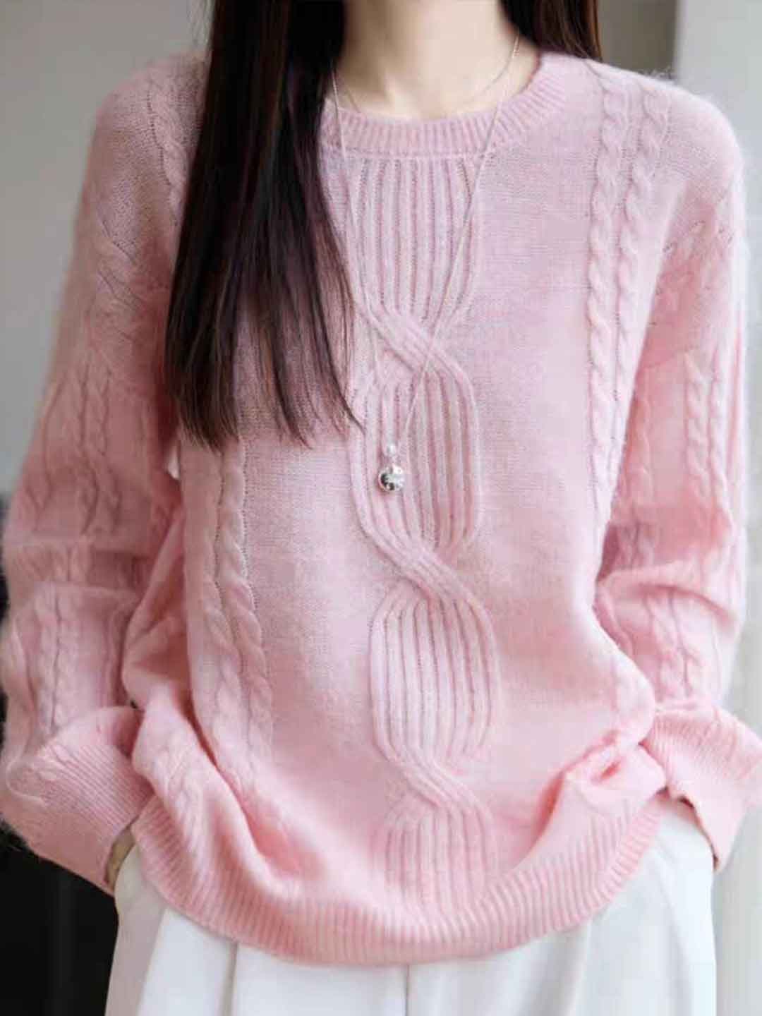 Ariana Casual Crew Neck Cable Knitted Pullover Sweater-White