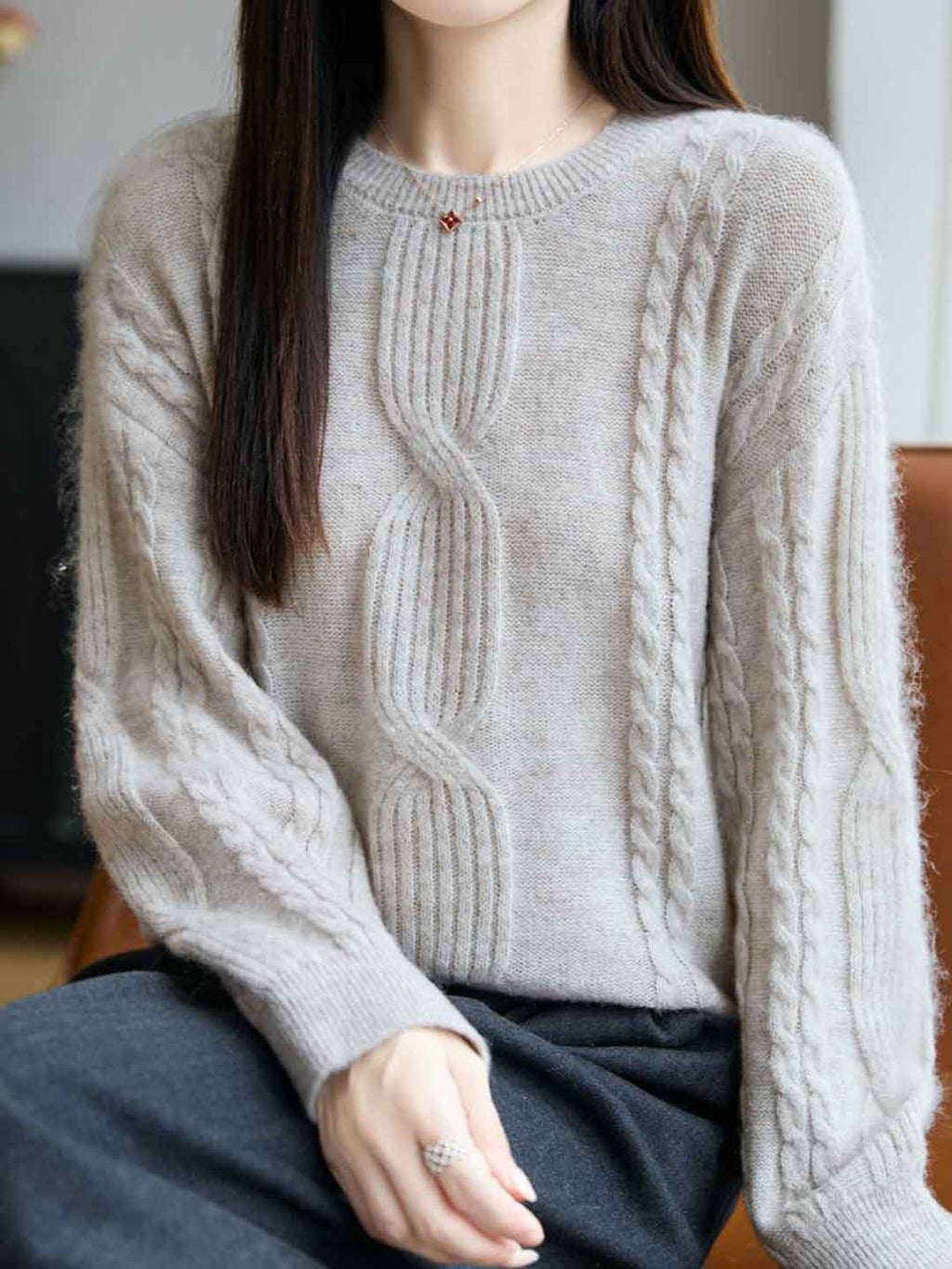 Ariana Casual Crew Neck Cable Knitted Pullover Sweater-White