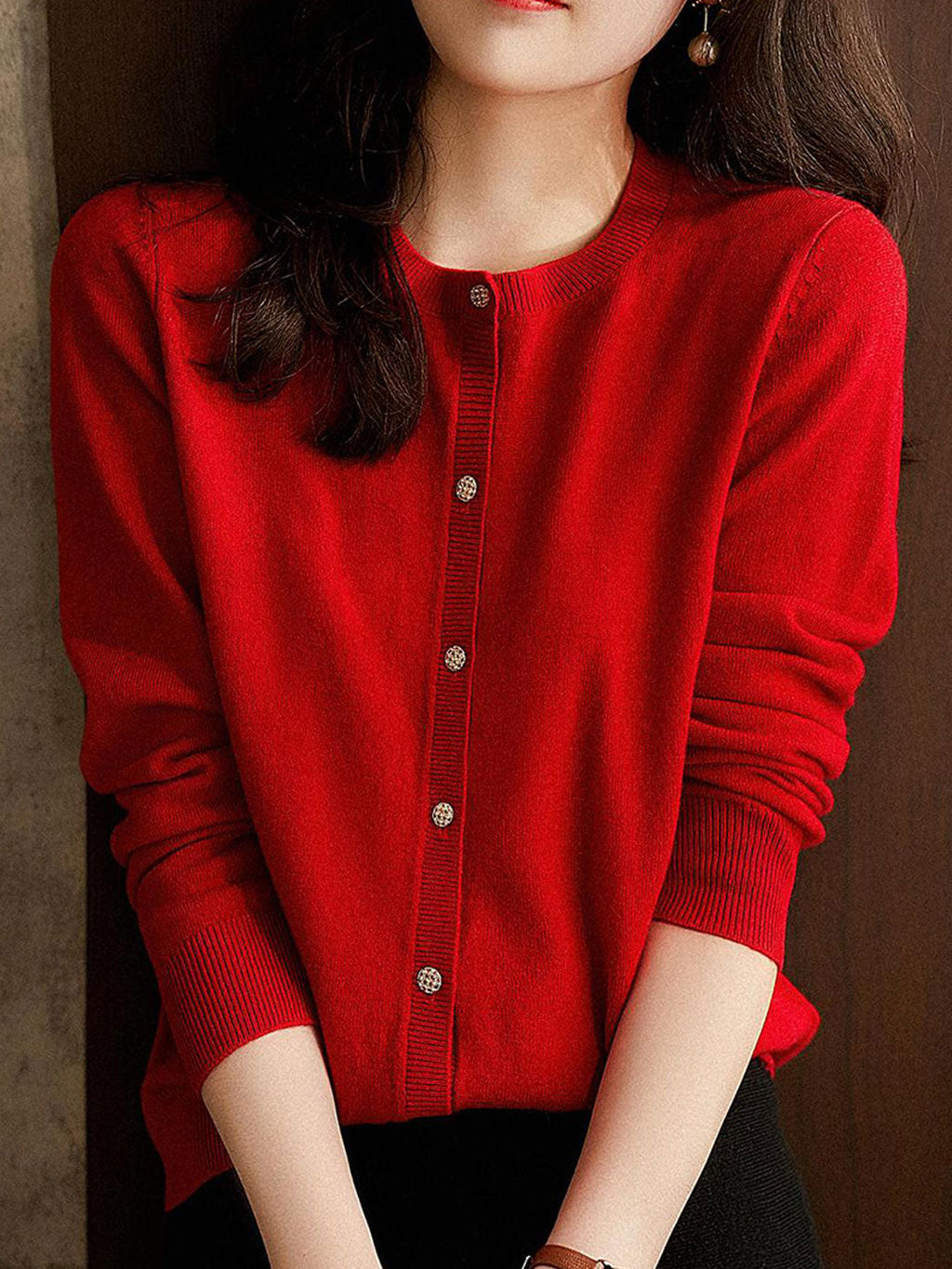 Sophia Classic Crew Neck Solid Color Knitted Cardigan-Light Pink