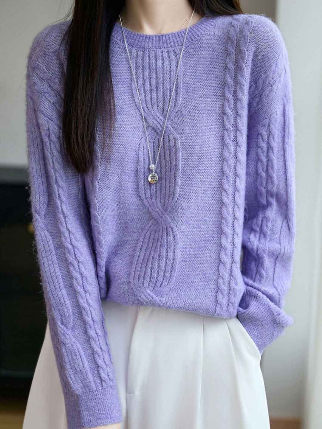 Ariana Casual Crew Neck Cable Knitted Pullover Sweater-White