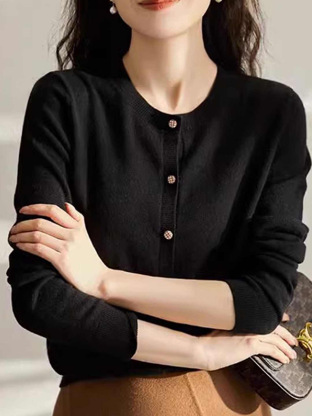 Sophia Classic Crew Neck Solid Color Knitted Cardigan-Royal Blue