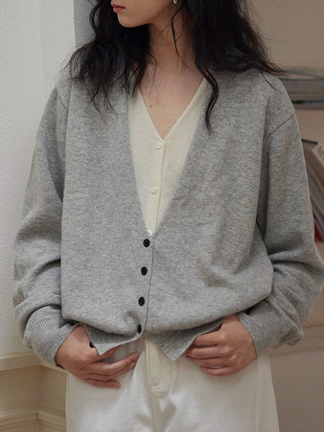 Andrea Classic V-Neck Faux Two-Piece Knitted Cardigan