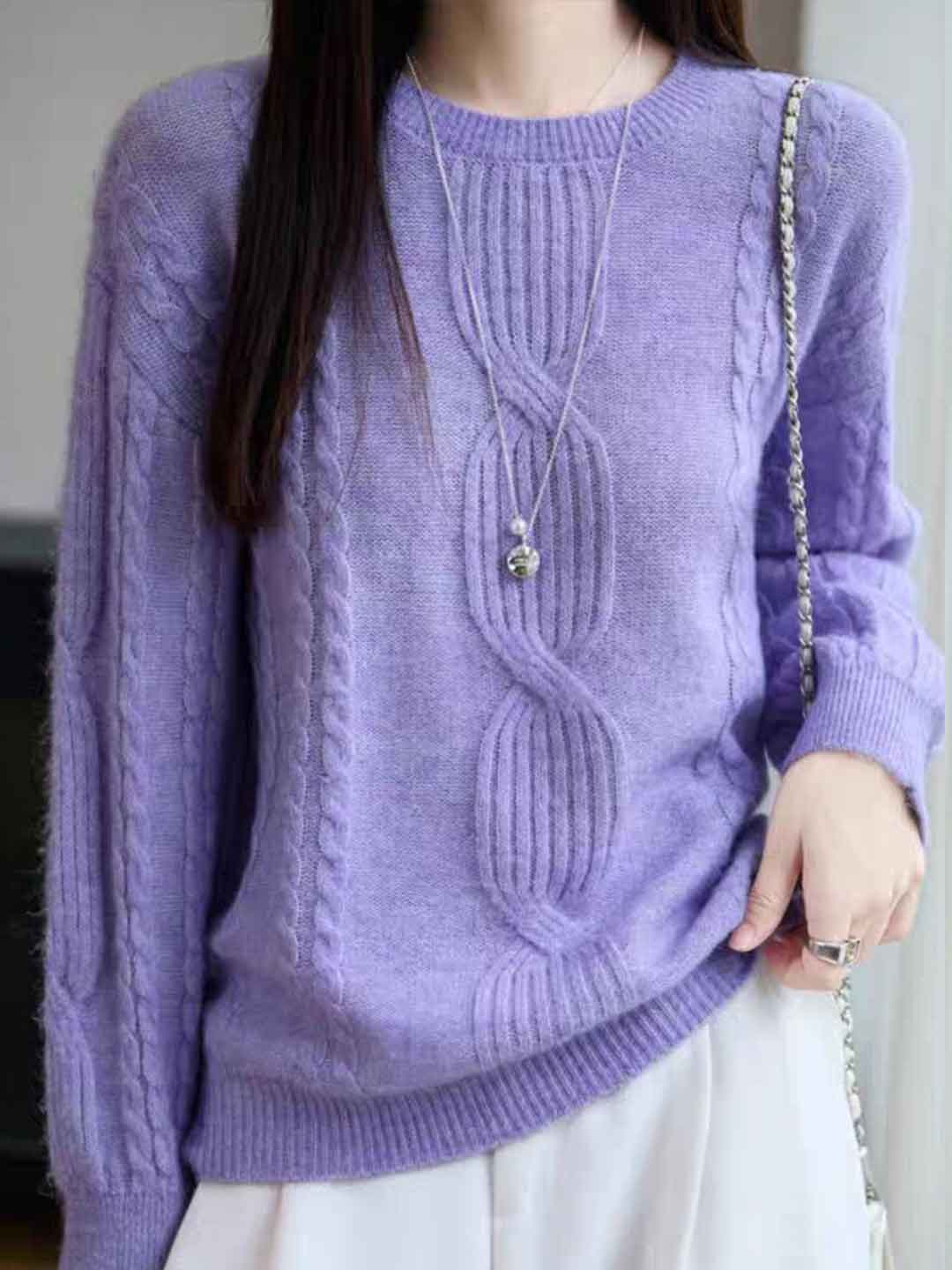 Ariana Casual Crew Neck Cable Knitted Pullover Sweater-White