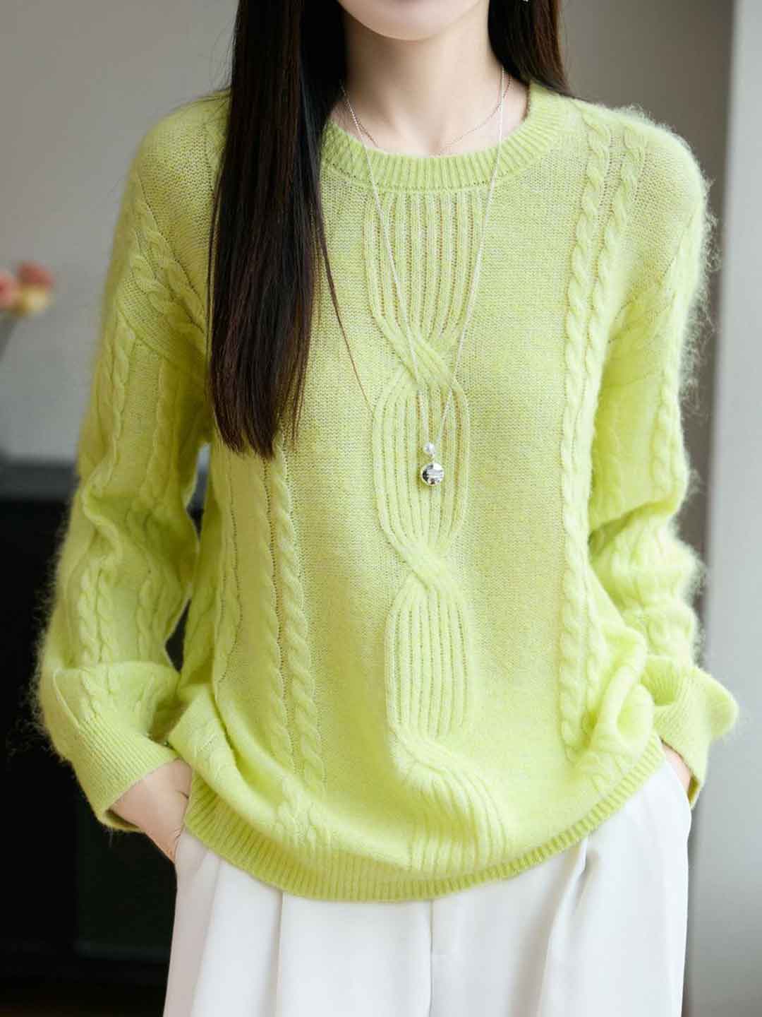 Ariana Casual Crew Neck Cable Knitted Pullover Sweater-White