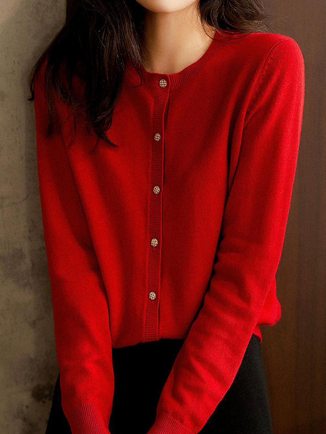 Sophia Classic Crew Neck Solid Color Knitted Cardigan-Light Pink