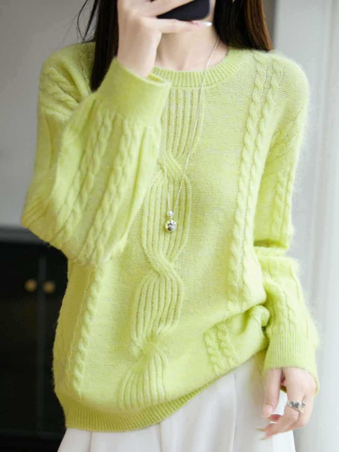 Ariana Casual Crew Neck Cable Knitted Pullover Sweater-White