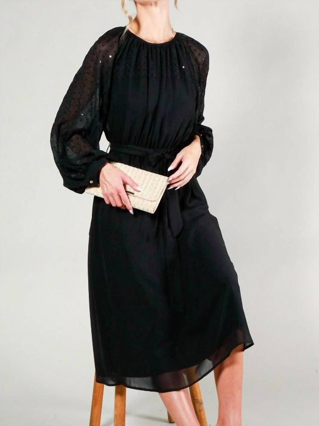 Vine & Love - Sequin Sleeve Tie Waist Dress